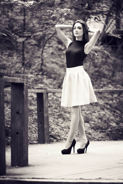 Young beauty girl posing in city park near the beautiful wooden handrails - Zdjęcie, obraz