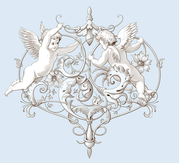 Elemento decorativo vintage incisione con motivo di ornamento barocco e cupidi. Illustrazione del vettore disegnato a mano
 - Vettoriali, immagini