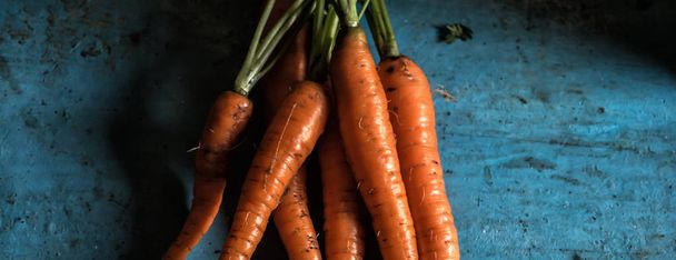 Carrots bunch freshness harvest carotene antioxidant vitamin for recipes on old table rustic background Low key moon light - Foto, Imagen