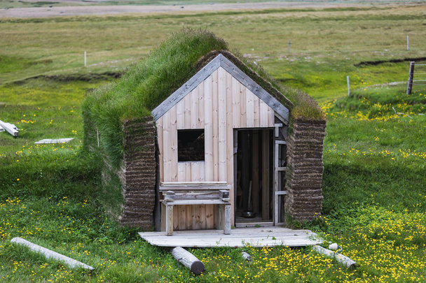 夏のアイスランドで屋根のフォアグラを典型的な緑の家 - 写真・画像