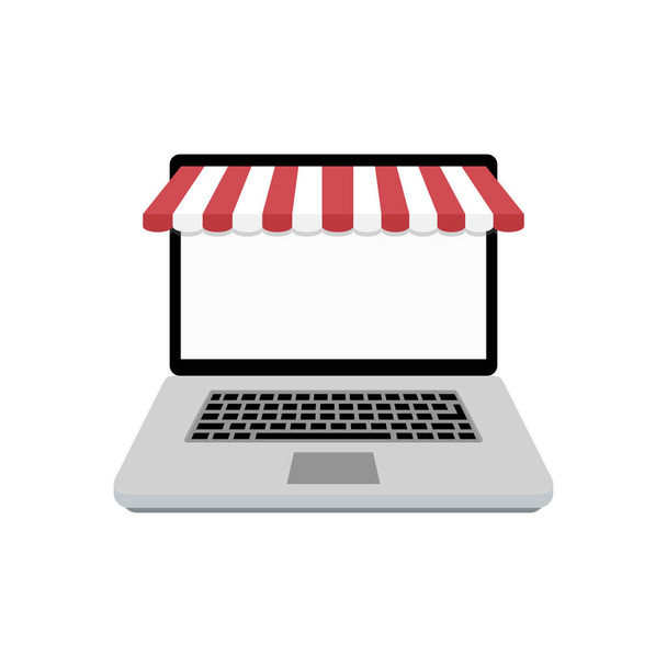 Web-Online-Shop. Laptop mit Markise. Laptop Online-Einzelhandelsvorlage. Vektorillustration - Vektor, Bild