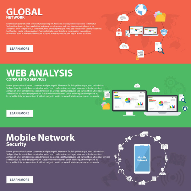 global network, web analysis, mobile network flat icon banner concept vector template design - Vektör, Görsel