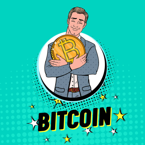 Pop Art Businessman with Big Golden Bitcoin Coin. Crypto Currency Concept. Virtual Money Advertising Poster. Vector illustration - Vektor, Bild