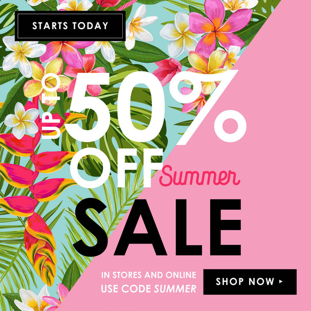 Summer Sale Tropical Banner. Seasonal Promotion with Plumeria Flowers and Palm Leaves. Floral Discount Template Design for Poster, Flyer, Gift Certificate. Vector illustration - Вектор,изображение