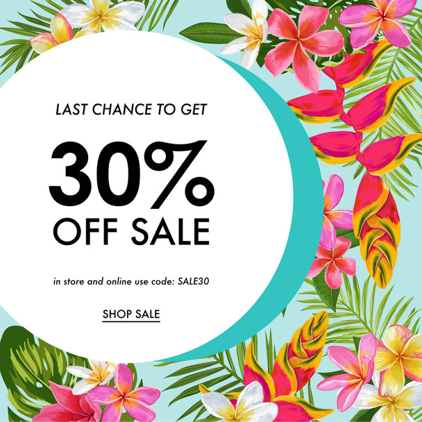 Summer Sale Tropical Banner. Seasonal Promotion with Plumeria Flowers and Palm Leaves. Floral Discount Template Design for Poster, Flyer, Gift Certificate. Vector illustration - Vecteur, image