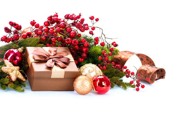 Christmas Decoration and Gift Box Isolated on White Background - Foto, Bild