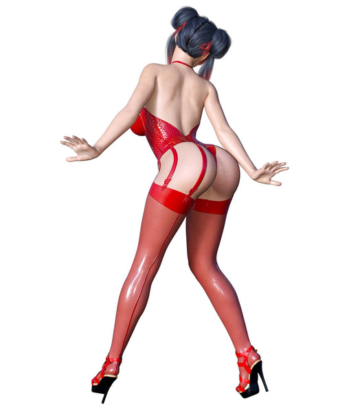 3D Beautiful sexy brunette girl red latex corset stockings.Minimalist extravagant clothes future.Woman studio photography.High heel.Conceptual fashion art.Seductive candid pose.Render illustration - Foto, Bild