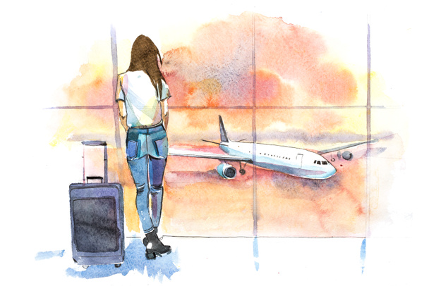 Viajar. Mujer viajera en el aeropuerto mirando aviones a través de una ventana de cristal. Chica turista esperando salida del avión
. - Foto, imagen