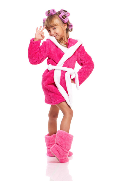 Little girl in pink bathrobe - Фото, изображение