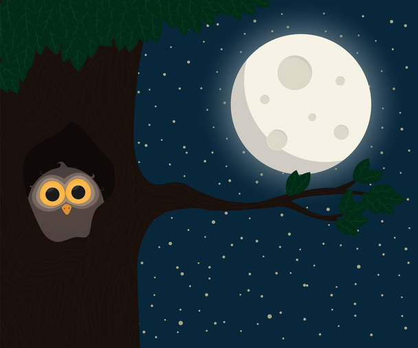 cute owl sit at hollow under the moon. Vector illustration - Vector, Image
