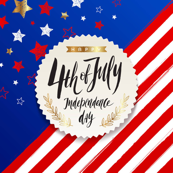 4 липня, День незалежності - етикетку з пензлем каліграфії привітання на зірки і смуги США вітчизняної тлі. Векторні ілюстрації - Вектор, зображення