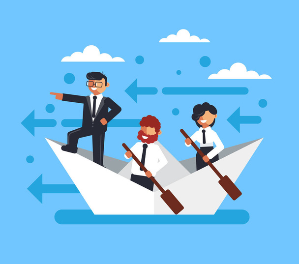 Happy smiling business people office worker characters floating boat sea waves. Teamwork start up new project successful business concept. Vector flat cartoon graphic design isolated illustration - Vetor, Imagem
