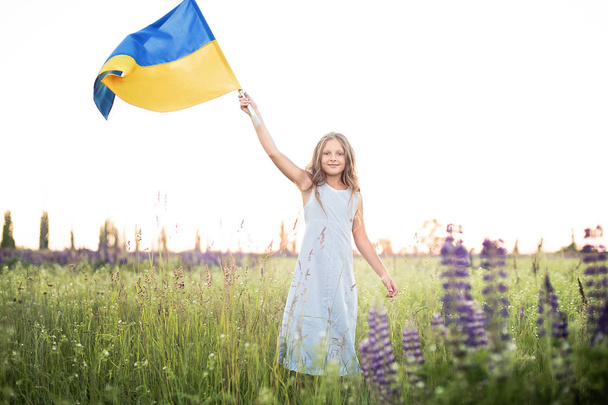 Child carries fluttering blue and yellow flag of Ukraine in lupine field. Ukraine's Independence Day. Flag Day - Foto, afbeelding