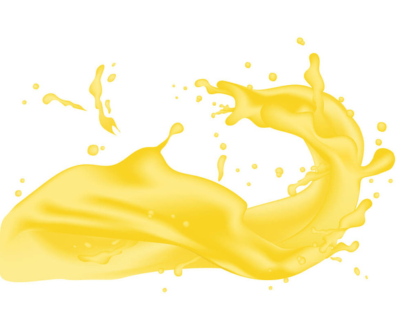 3D-realistische gedraaide ananassap melk plons met druppels. Geïsoleerde ananas yoghurt karamel crème surfen Golf op witte achtergrond. Pakket productontwerp. Eps10-Vector  - Vector, afbeelding
