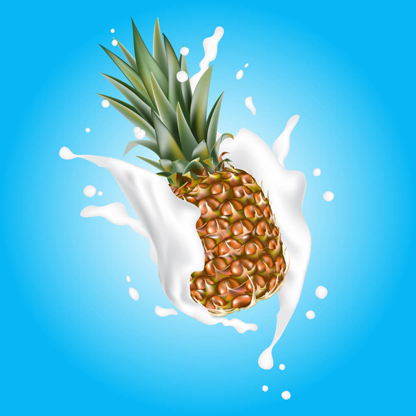 Ananas 3D-vector met realistische splash designelementen. Verpakking spatten vallende ananas SAP, koffie, melk, water, cocktail, chocolade. Goed voor webdesign. EPS-10. - Vector, afbeelding