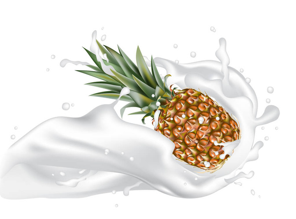 Ananász 3d vector reális splash tervezési elemekkel. Csomagolás, fröccsenő csökkenő ananas, gyümölcslé, kávé, tej, víz, koktél, csokoládé. Jó web design. EPS-10. - Vektor, kép