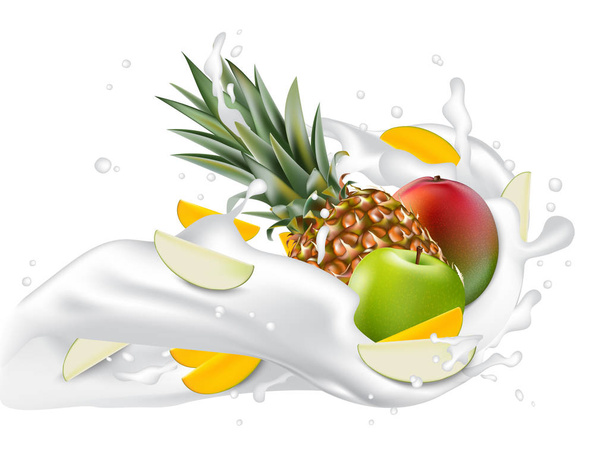 Splash van melk. Mango, appel en ananas. 3D-realistische vector EPS-10. Verpakking sjabloon. Merk reclame. Appel en mango segmenten stroomt in de spatten multifruit yoghurt-Golf.  - Vector, afbeelding