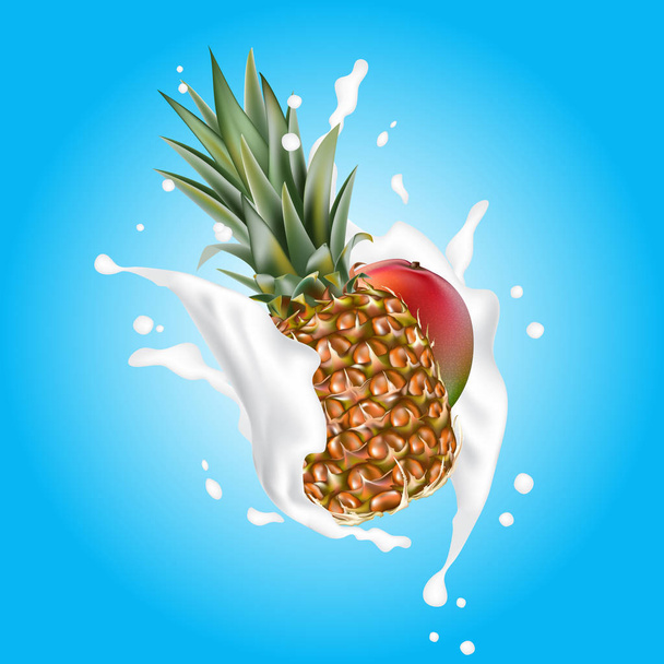 Splash van melk op blauw. Mango en ananas. 3D-realistische vector EPS-10. Verpakking sjabloon. Merk reclame. Stroomt in de spatten multifruit yoghurt-Golf.  - Vector, afbeelding