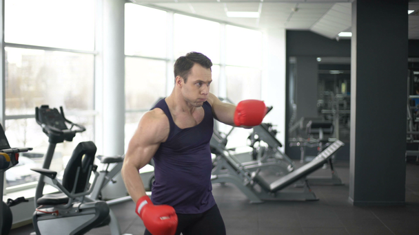 boxeador masculino em luvas de treinamento em ginásio, conjunto de soco e uppercut, espírito esportivo
 - Filmagem, Vídeo