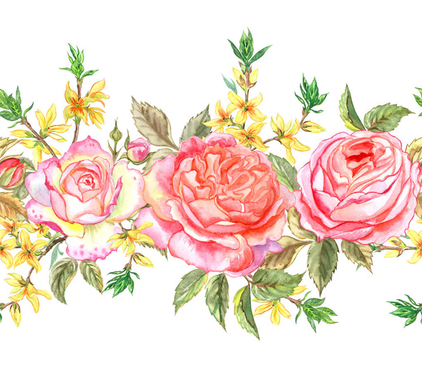 Seamless border of pink English roses and sprigs of forsythia, watercolor painting on white background. - Fotografie, Obrázek