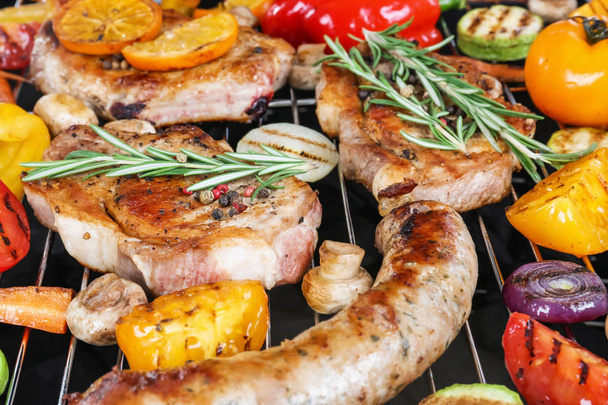 Modern barbecue grill with tasty food, closeup - Photo, Image