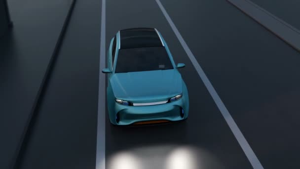 Ein blauer Geländewagen verhindert an einer Kreuzung einen Unfall mit einem Kleintransporter. Automatisches Notbremssystem (Notbremssystem). Nachtszene. 3D-Rendering-Animation. - Filmmaterial, Video