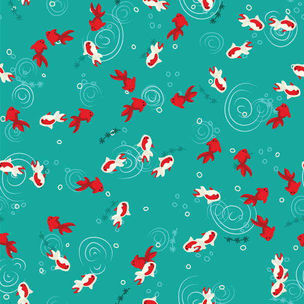 Goldfish swimming in green pond water top view. White and red koi carp swimming in water seamless pattern - Vector, Image