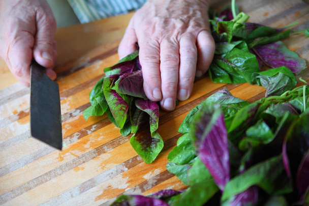 Egy férfi szakács prepping zöld és lila leveles zöldségek - Fotó, kép