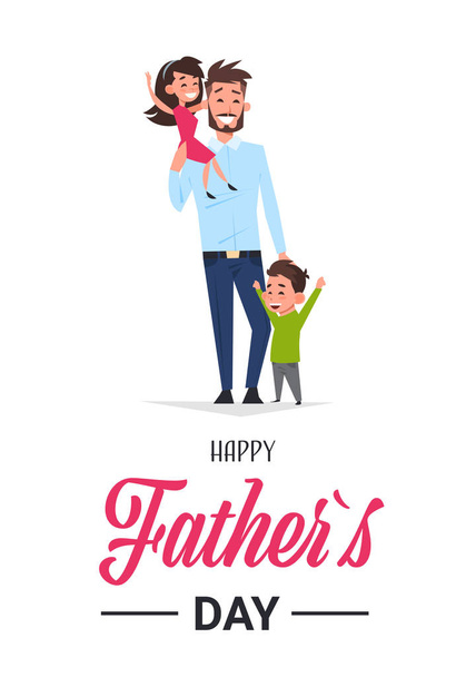 happy father day family holiday, man dad hold daughter and son greeting card flat - Vector, Image