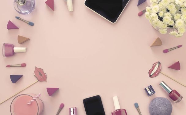 菊化粧品アクセサリー電話ギフト タブレット香水ピンクの背景の花束をバナーします。フラット トップ ビュー コピー スペースを置く - 写真・画像