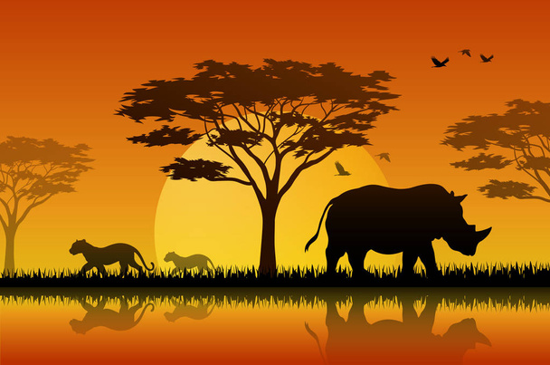 Ilustración de la silueta de rinocerontes en savanah
  - Vector, imagen