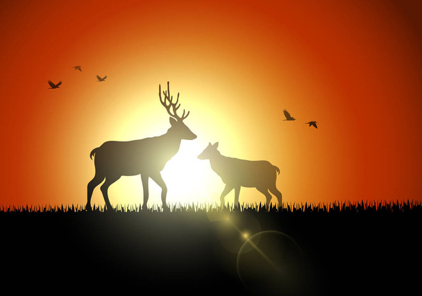 Ilustracja sylwetki jeleni i ptak w zachód słońca - Wektor, obraz