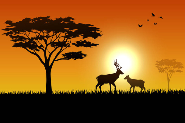 Εικονογράφηση σιλουέτα ελαφιών και πουλιών στο ηλιοβασίλεμα - Διάνυσμα, εικόνα
