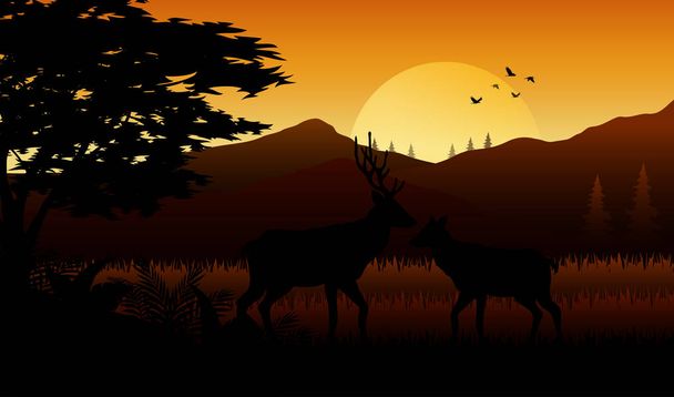 Ілюстрація силуетних оленів і птахів на заході сонця
 - Вектор, зображення