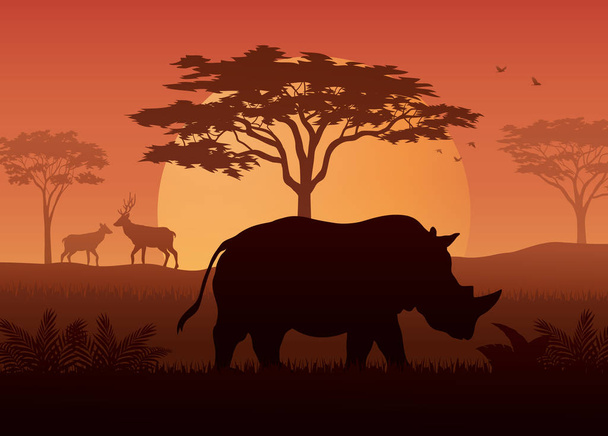 Illustration of silhouette of rhinos at savanah  - Vector, Image