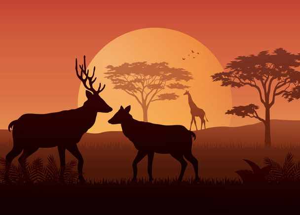 Ilustracja sylwetki jeleni i ptak w zachód słońca - Wektor, obraz