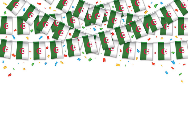 Drapeau Algérie guirlande fond blanc avec confettis, Bruant suspendu pour l'indépendance algérienne Fête de l'indépendance bannière modèle de célébration, Illustration vectorielle
 - Vecteur, image