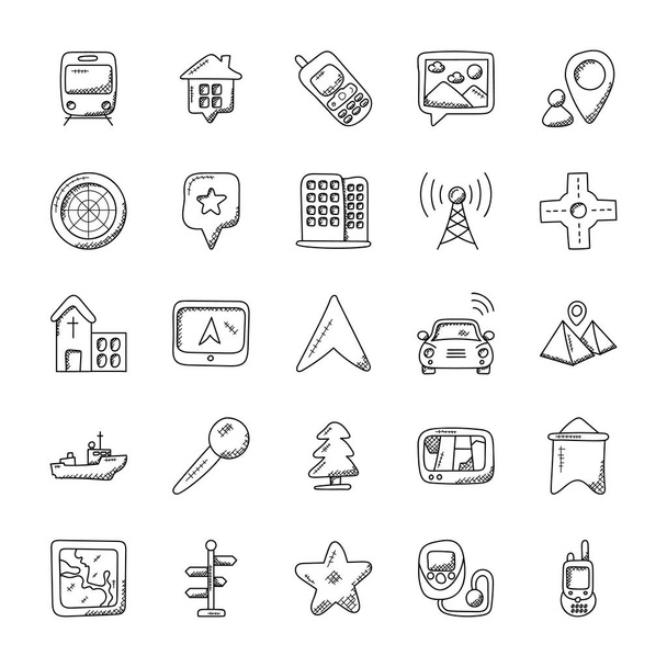 Kaarten en navigatie Doodle Icon Set - Vector, afbeelding