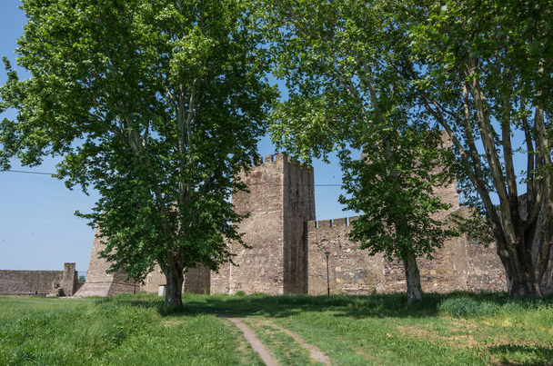 Muur en torens van de vesting van Smederevo is een middeleeuwse vestingstad in Smederevo, Servië, die tijdelijk de hoofdstad van Servië in de Middeleeuwen was. - Foto, afbeelding