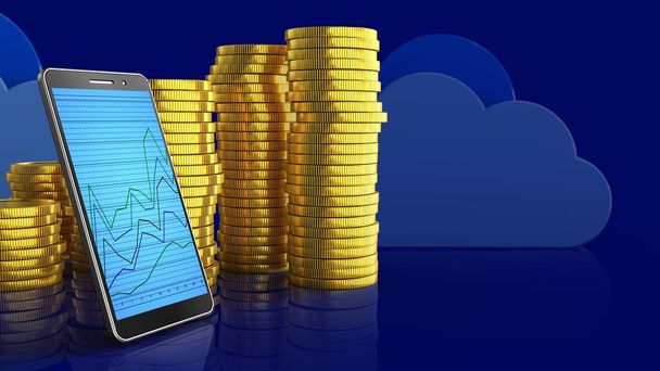 3d illustration of coins stack with smartphone over clouds background  - Foto, afbeelding