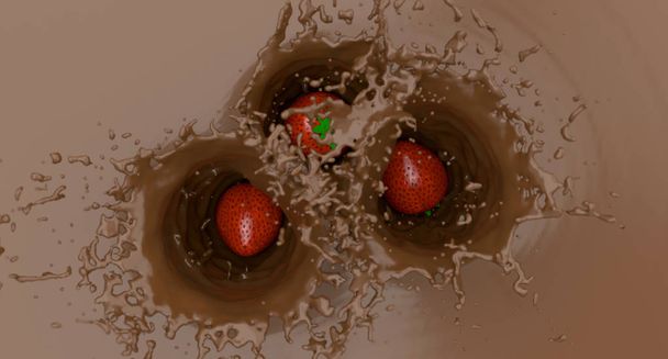 Gerçekçi sütlü çikolata Hezelnut renk tonu sıçrama taze çilek ile 3d render - Fotoğraf, Görsel