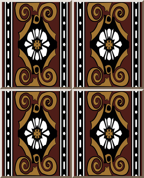 Płytki ceramiczne wzór retro spirala brązowy krzywej krzyż winorośli biały kwiat linia kropka, orientalne wnętrze podłogi ściany ornament elegancki stylowy design - Wektor, obraz