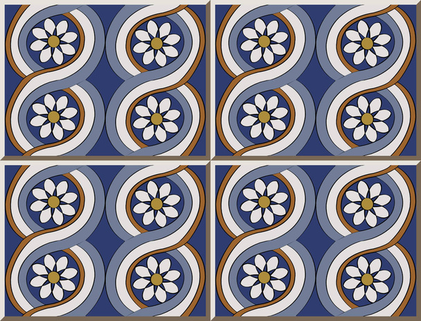 Ceramic tile pattern round blue curve cross spiral frame botanic garden white flower, oriental interior floor wall ornament elegant stylish design - Vector, Image