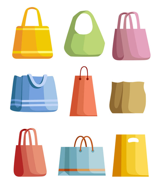 Summer beach bag set. Flat illustration women summer bags. Eco package, eco-friendly product. Vector illustration isolated on white background. - Vektor, Bild