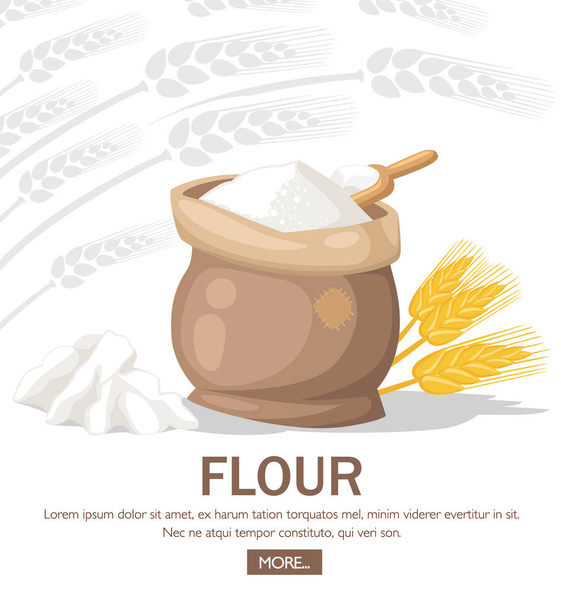 小麦粉の完全な袋。小麦の耳袋近く。木製スコップで小麦粉します。銀の背景にシルエット小麦の穂。フラット ベクトル イラスト テキスト。Web サイト ページとモバイル アプリの設計. - ベクター画像