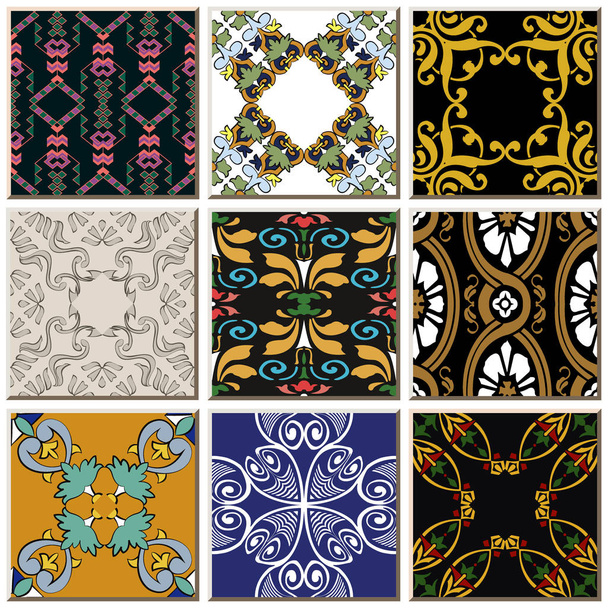 Oriental antigo padrão de cerâmica retro conjunto coleção combinação de azulejos, decoração de piso interior vintage
. - Vetor, Imagem
