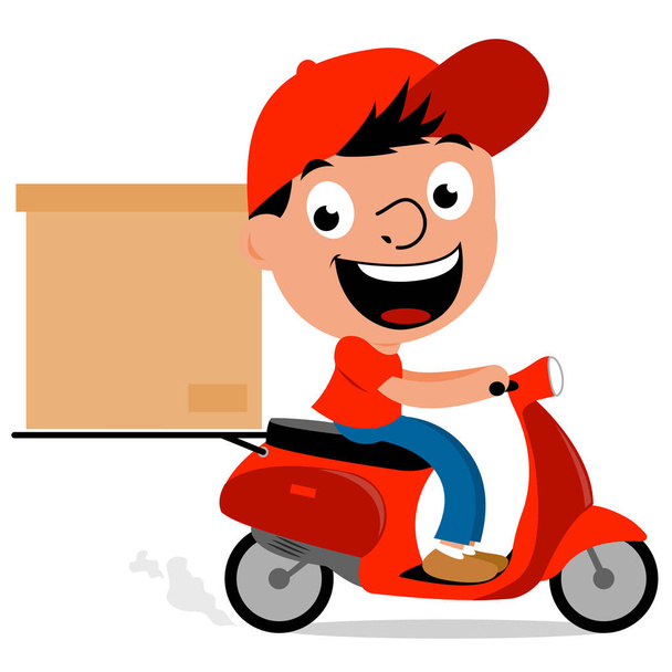 Vector illustration of a cartoon courier man riding a scooter and delivering a box. - Vector, Image