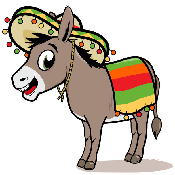 Vector illustration of a cartoon Mexican donkey wearing a sombrero and a colorful blanket. - Wektor, obraz