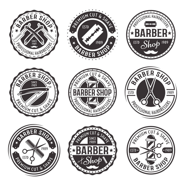 Barber shop set of nine vector vintage badges - Vektör, Görsel