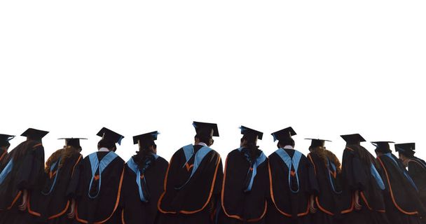 Absolwenci za izolowane, absolwenci są stand up w linii, absolwentów cap - Zdjęcie, obraz